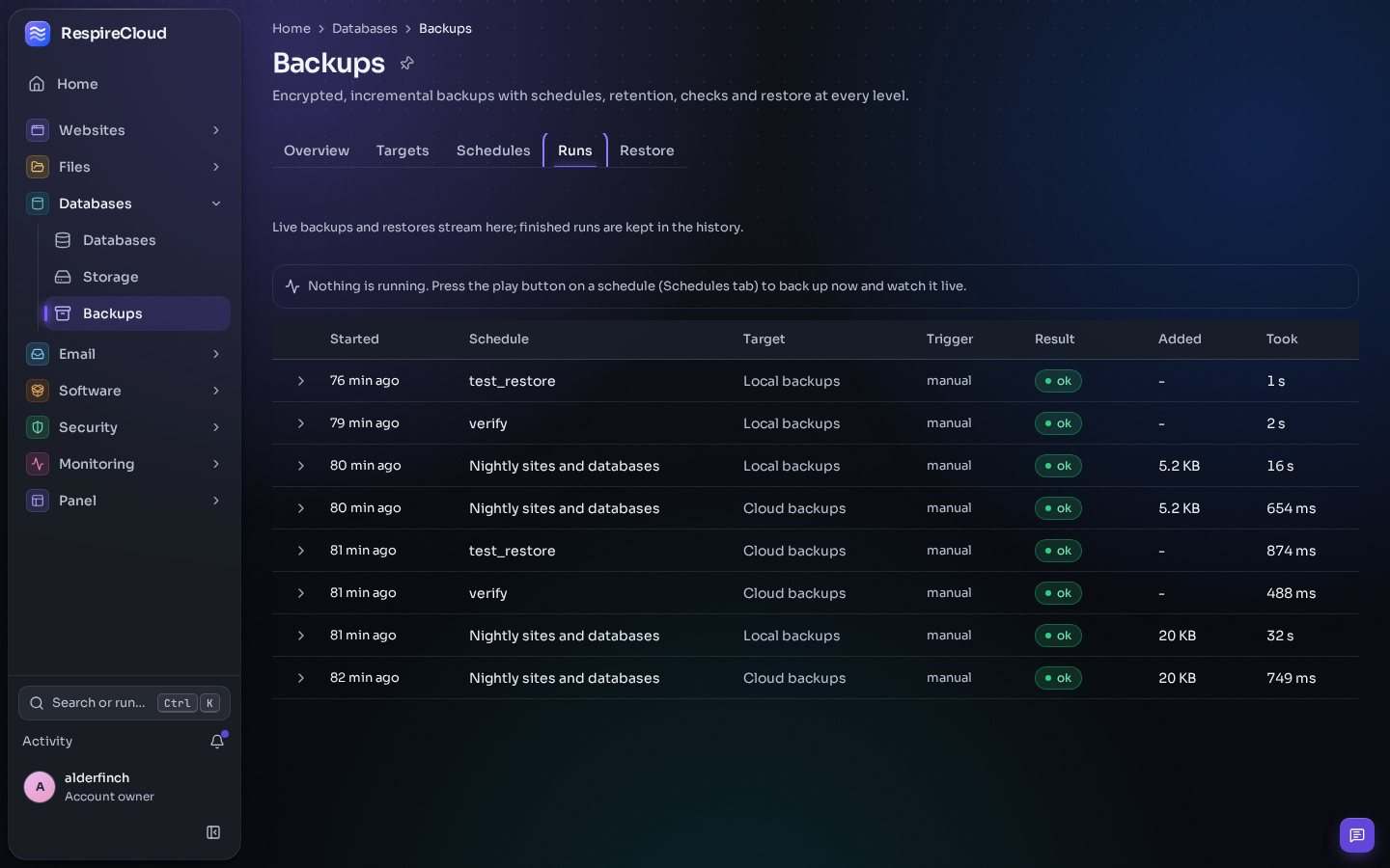 The Backups page on its Runs tab: eight finished runs of a nightly job for sites and databases, a verify and a test restore, each against a local or a cloud target, all marked ok.