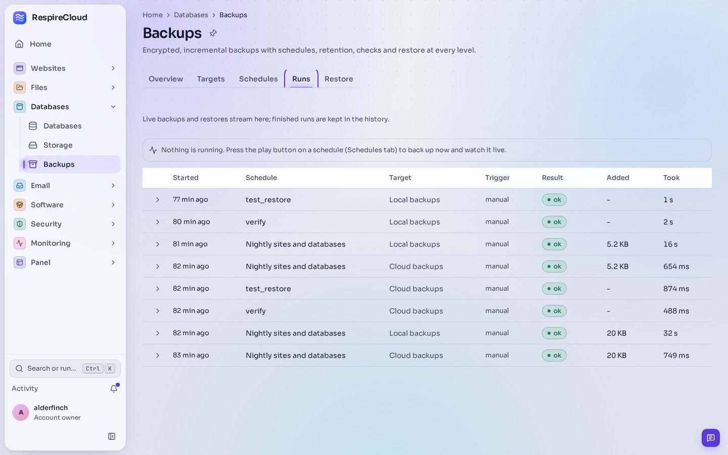 The Backups page on its Runs tab: eight finished runs of a nightly job for sites and databases, a verify and a test restore, each against a local or a cloud target, all marked ok.