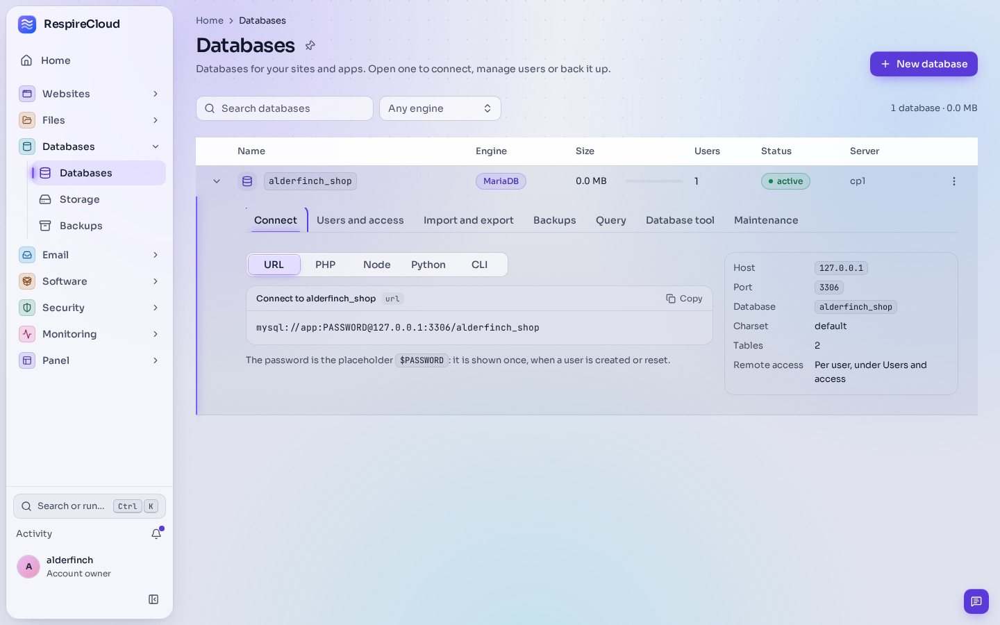 A database opened on its Connect tab: a connection string with a password placeholder, language tabs, and its host, port, charset and table count.