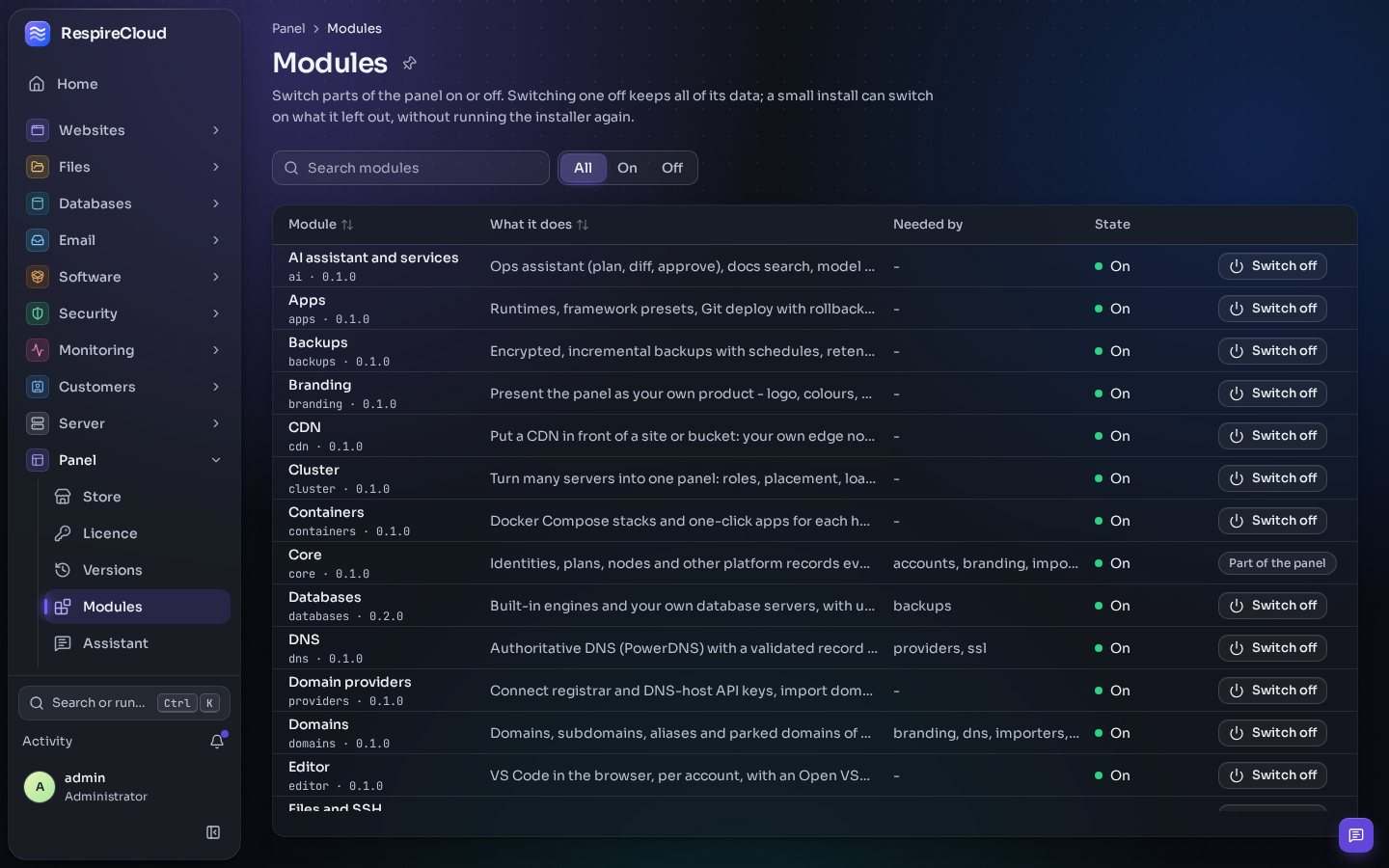 The Modules page: every module with what it does, which modules need it, its state and a Switch off button.