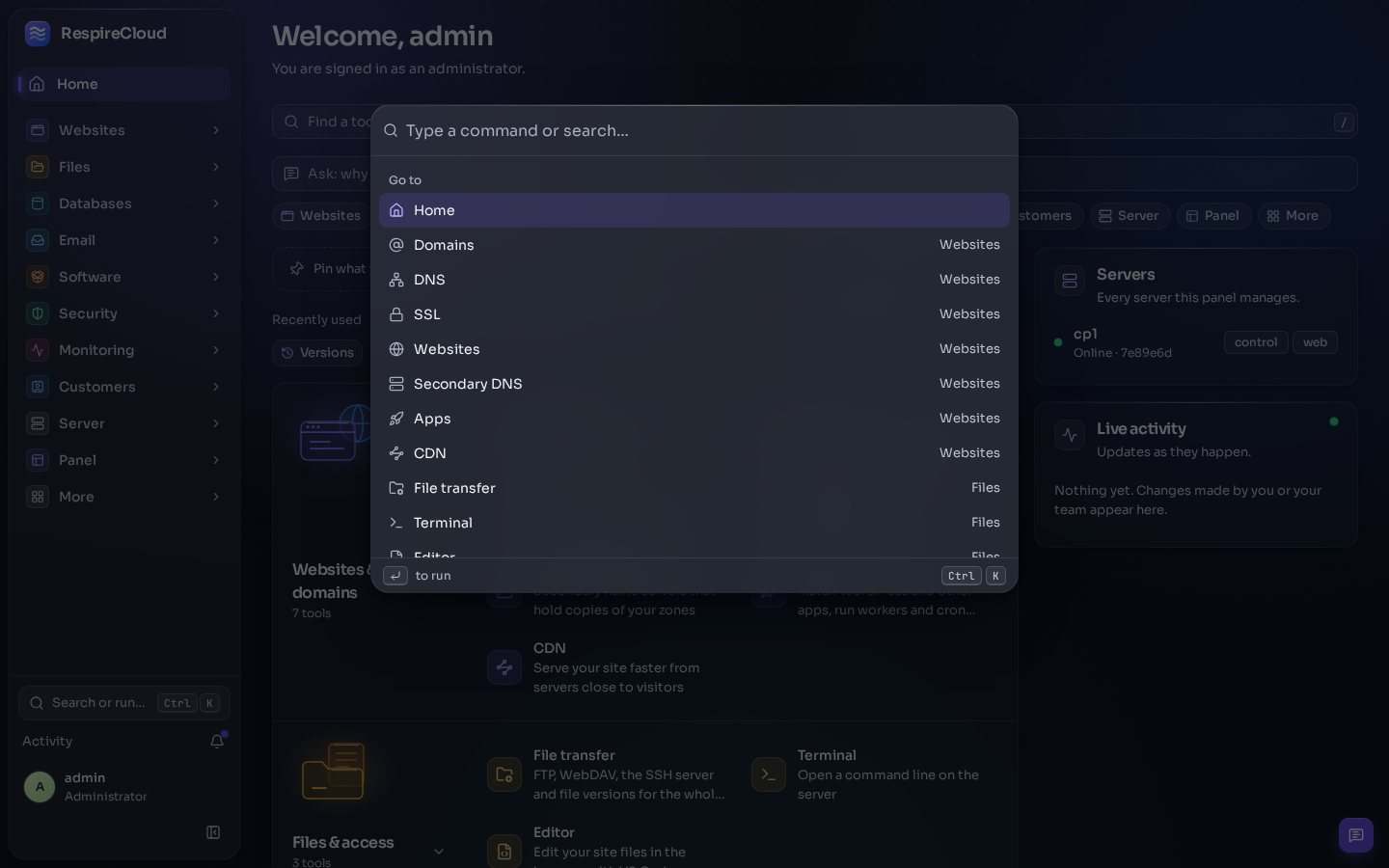 The command palette open over the Home with the word backup typed: the Backups page under Go to, and under Run an action a list including Create backup job, Back up now and Points in time of a mailbox.