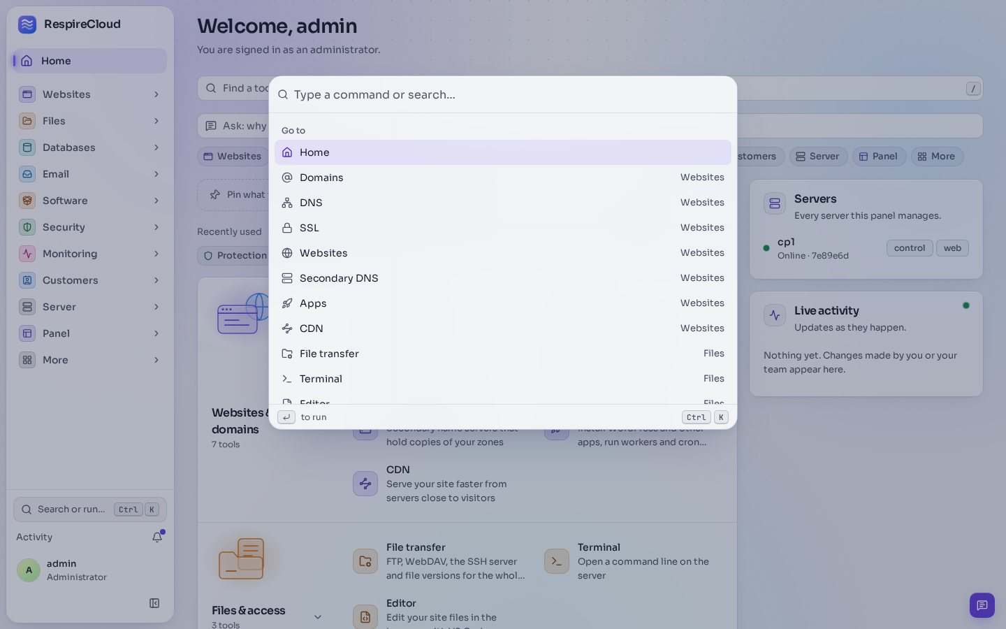 The command palette open over the Home with the word backup typed: the Backups page under Go to, and under Run an action a list including Create backup job, Back up now and Points in time of a mailbox.