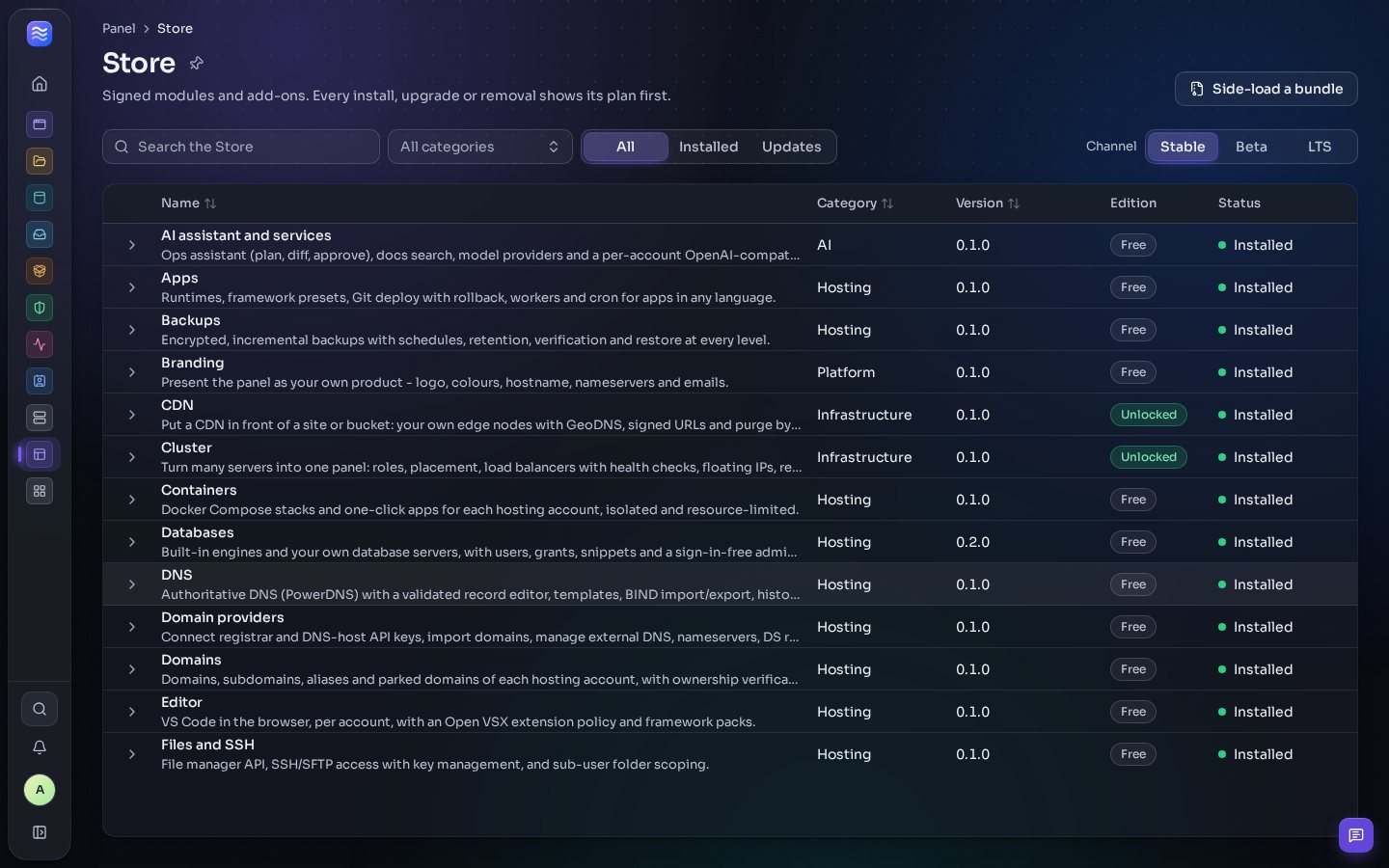 The Store: a search, filters for all, installed and updates, the channels Stable, Beta and LTS, and a list of modules with their category, version, edition and Installed state.