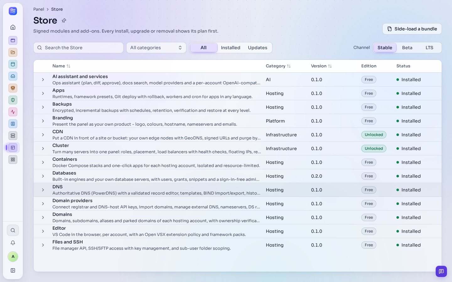 The Store: a search, filters for all, installed and updates, the channels Stable, Beta and LTS, and a list of modules with their category, version, edition and Installed state.