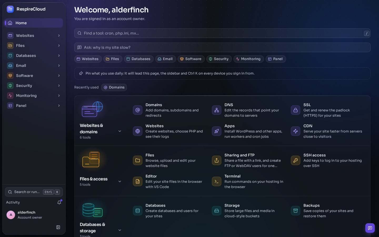 The Home of an account owner: a sidebar with Websites, Files, Databases, Email, Software, Security, Monitoring and Panel, a tool search, recently used tools and the tools grouped by category.