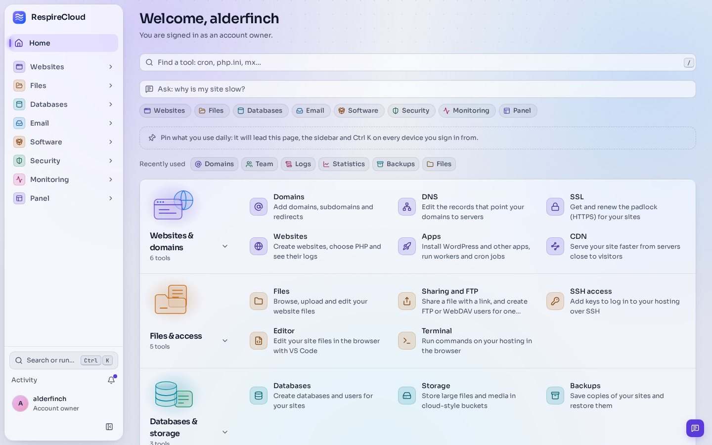The Home of an account owner: a sidebar with Websites, Files, Databases, Email, Software, Security, Monitoring and Panel, a tool search, recently used tools and the tools grouped by category.
