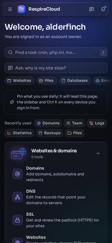 The customer Home on a phone: a welcome line, the tool search, the Ask box, category chips, recently used tools and the Websites and domains group.